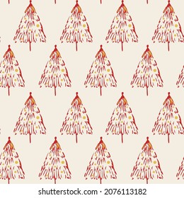 Abstract geometric seamless repeat pattern with christmas red trees on half white back. Trendy hand drawn textures. Modern abstract design for paper, cover, fabric, interior decor and other users.