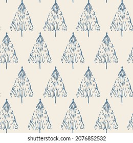 Abstract geometric seamless repeat pattern with christmas blue trees on half white back. Trendy hand drawn textures. Modern abstract design for paper, cover, fabric, interior decor and other users.