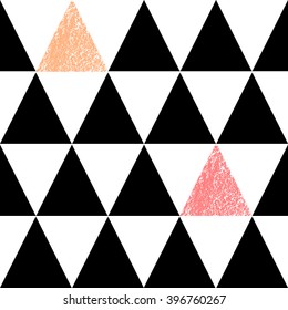 Abstract geometric seamless repeat pattern in black, white, orange and pastel pink. Hand drawn vintage texture and geometric elements. Modern and stylish abstract design poster, cover, card design.