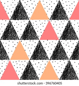 Abstract geometric seamless repeat pattern in black, white, orange and pastel pink. Hand drawn vintage texture, dots pattern and geometric elements.