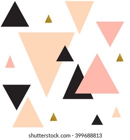 Abstract  geometric seamless repeat pattern with glitter texture. Black, pink and gold triangles on white.