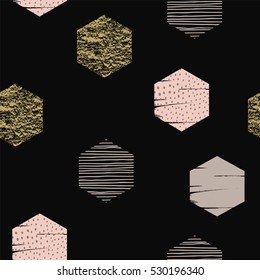 Abstract geometric seamless repeat pattern with hexagons. Trendy hand drawn textures. Modern abstract design for paper, cover, fabric, interior decor and other users.