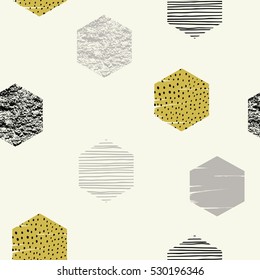 Abstract geometric seamless repeat pattern with hexagons. Trendy hand drawn textures. Modern abstract design for paper, cover, fabric, interior decor and other users.