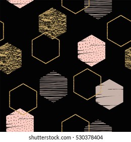 Abstract geometric seamless repeat pattern with hexagons and glitter texture. Trendy hand drawn textures. Modern abstract design for paper, cover, fabric, interior decor and other uses.