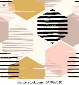 Abstract geometric seamless repeat pattern with hexagons. Trendy hand drawn textures. Modern abstract design for paper, cover, fabric, interior decor and other users.