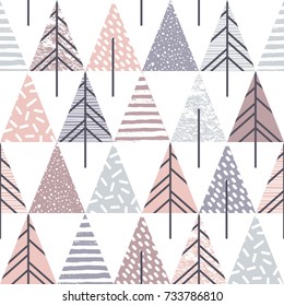 Abstract geometric seamless repeat pattern with christmas trees. Trendy hand drawn textures. Modern abstract design for paper, cover, fabric, interior decor and other users.