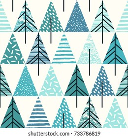 Abstract geometric seamless repeat pattern with christmas trees. Trendy hand drawn textures. Modern abstract design for paper, cover, fabric, interior decor and other users.