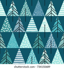 Abstract geometric seamless repeat pattern with christmas trees. Trendy hand drawn textures. Modern abstract design for paper, cover, fabric, interior decor and other users.