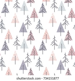 Abstract geometric seamless repeat pattern with christmas trees. Trendy hand drawn textures. Modern abstract design for paper, cover, fabric, interior decor and other users.