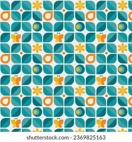 Abstract geometric seamless Scandinavian pattern. Mosaic design with the simple shape of leaves in green yellow and orange on white backgrounds. Neo geometric. Vector Illustration.