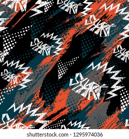 Abstract geometric seamless shark pattern with vertical fading lines, tracks, halftone stripes. Extreme sport style illustration. Trendy Urban colorful backdrop. Camouflage Army Military Pattern Art.