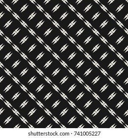 Abstract geometric seamless texture with edgy shapes, diagonal lines, stars, crosses. Monochrome geometrical pattern. Black and white repeat background. Design for decor, prints, covers, cloth, fabric