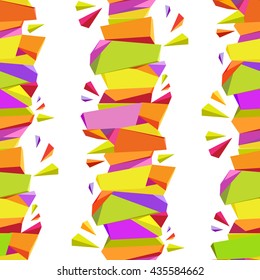 Abstract geometric seamless triangles border pattern background. Orange, yellow, green, purple vertical abstract triangles design on white background. Colorful triangles pattern. Vector illustration.