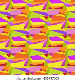 Abstract geometric seamless triangles pattern background. Orange, yellow, green and purple geometric abstract triangles design. Colorful bright chaotic triangles pattern. Vector illustration.