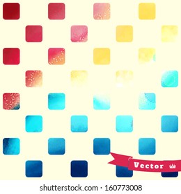 Abstract geometric seamless  vector background. Stencils in the form of  squares on watercolors substrate. Hand drawing with colored spots and blotches.