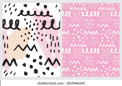 Abstract Geometric Seamless Vector Pattern. Pink, White and Black Irregular Brush Dabs, Zigzags, Loops and Spots Isolated on a White and Pink Background. Funny Doodle Print. Infantile Style Design.