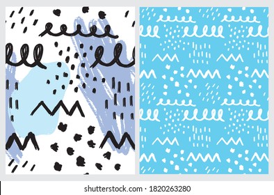 Abstract Geometric Seamless Vector Pattern. Blue, White and Black Irregular Brush Dabs, Zigzags, Loops and Spots Isolated on a White and Blue Background. Funny Doodle Print. Infantile Style Repeatable