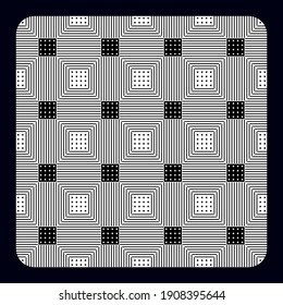 Abstract geometric seamless vector pattern in black and white colors with lines and dots. Can be used for textile surfaces and web backgrounds.