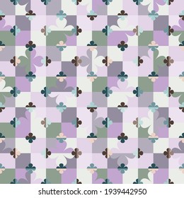 Abstract geometric seamless vector pattern with stylised big and little flowers on chessboard in retro style. Colourful decorative floral grid texture for wallpaper, interior textiles and fashion.