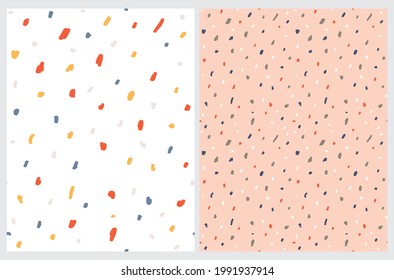 Abstract Geometric Seamless Vector Pattern with Red, Yellow, Blue and White Irregular Brush Spots Isolated on a White and Light Blush Pink Background. Cute Simple Confetti Rain Repeatable Print. 