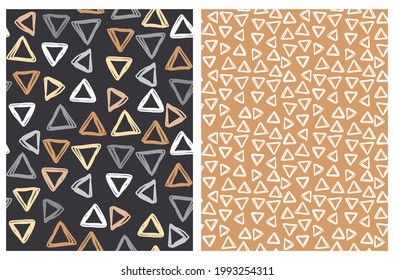 Abstract Geometric Seamless Vector Pattern with White, Brown, Yellow and Gray Irregular Brush Trangles Isolated on a Black and Brown Background. Cute Simple Hand Drawn Repeatable Print.