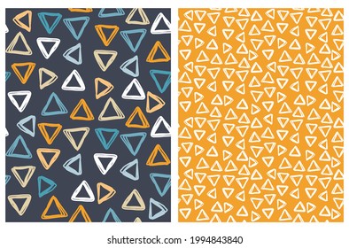 Abstract Geometric Seamless Vector Pattern with White, Brown, Yellow and Blue Irregular Brush Trangles Isolated on a Dark Blue and Yellow Background. Cute Simple Hand Drawn Repeatable Print.