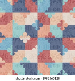 Abstract geometric seamless vector pattern with flowers on a colourful chessboard with line texture in retro style. Decorative floral grid texture for wallpaper and home decor.