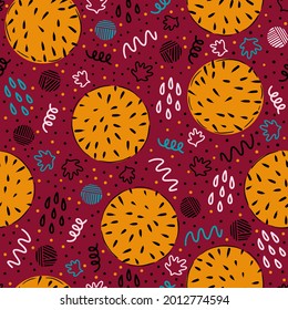 Abstract geometric seamless vector pattern with triangles, rounds and hand drawn lines.
