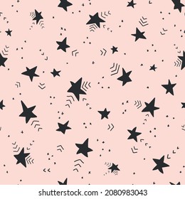Abstract geometric seamless vector pattern. Grey stars on blush pink background. Cute festive design for New year, birthdays, baby shower, nursery.