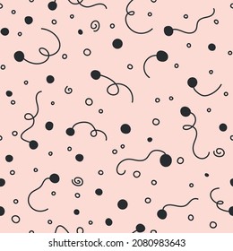 Abstract geometric seamless vector pattern. Grey confetti, dots and swirls on blush pink background. Cute festive design for New year, birthdays, baby shower, nursery.