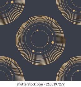 Abstract geometric seamless vector pattern with circles, lines in circle form, dots. Design elements. Geometric abstract shapes. Vector golden color illustration.
