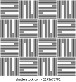 Abstract geometric seamless vector pattern. Geometric striped square tiles monochrome background. Striped shapes geometric ornament. Black and white stylish texture.