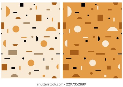 Abstract Geometric Seamless Vector Pattern. Black, Beige and Pale Gold Circles, Squares and Lines Isolated on a Beige and Mustard Yellow Background. Minimalist Symbolism Style Repeatable Print. 