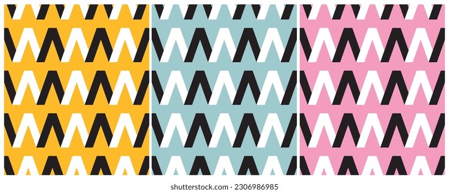 Abstract Geometric Seamless Vector Pattern. Blac-White Zig Zag isolated on a Yellow, Light Blue and Pastel Pink Background. Simple Regular Chevron Repeatable Print ideal for Fabric, Wrapping Paper.