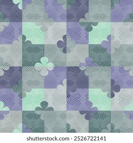 Abstract geometric seamless vector pattern with flowers on a colourful chessboard in retro style. Decorative floral grid texture for wallpaper, home decor and fashion fabrics