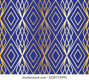 Abstract geometric seamless vector pattern with gold diamond shapes, rhombs on navy blue background