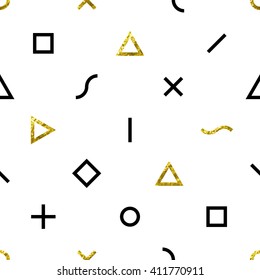Abstract  geometric seamless vector pattern. Triangles, squares, crosses, lines, s-shapes and circles on solid background. Black, glittering gold and white colors. Trendy necktie texture.