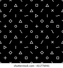 Abstract  geometric seamless vector pattern. Triangles, squares, crosses, lines, s-shapes and circles on solid background. Black and white colors. Trendy necktie texture.