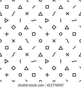 Abstract  geometric seamless vector pattern. Triangles, squares, crosses, lines, s-shapes and circles on solid background. Black and white colors. Trendy necktie texture.