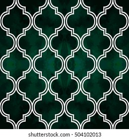 Abstract geometric seamless vector pattern. Trendy textile or interior wallpaper repeatable texture. Tony white and green "emerald" color shades. Waves shapes velvet textured background.