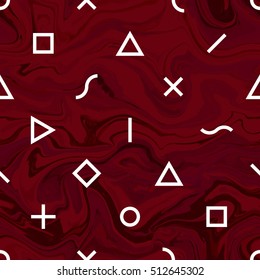 Abstract geometric seamless vector pattern. Triangles, squares, crosses, lines, s-shapes and circles on marbled background. Marsala purple and white colors. Trendy necktie and natural stone texture.