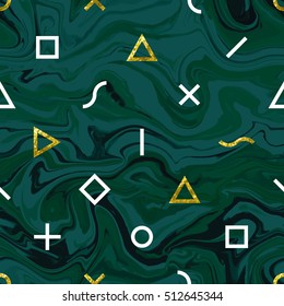 Abstract geometric seamless vector pattern. Triangles, squares, crosses, lines, s-shapes and circles on marbled background. Emerald green, white colors. Trendy necktie, natural stone texture.