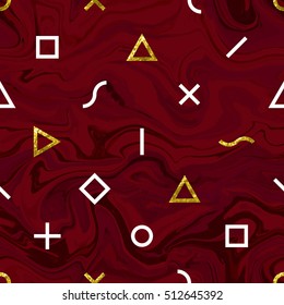 Abstract geometric seamless vector pattern. Triangles, squares, crosses, lines, s-shapes and circles on marbled background. Marsala purple and white colors. Trendy necktie and natural stone texture.