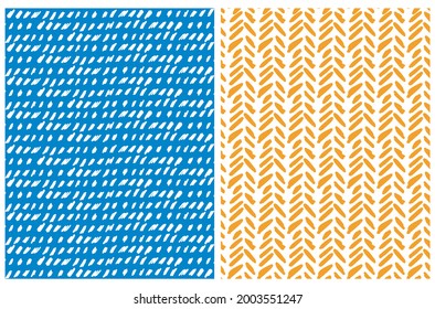Abstract Geometric Seamless Vector Patterns. White Irregular Brush Spots on a Blue Backgrounds. Simple Irregular Repeatable Print with Yellow Daubs on a White Backdrop.