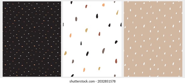 Abstract Geometric Seamless Vector Patterns. White, Brown, Black and Beige Brush Raindrops on a Black, White and Beige Background. Irregular Spots Repeatable Print ideal for Fabric, Textile. 