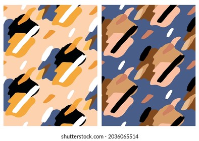 Abstract Geometric Seamless Vector Patterns. Pale Color Brush Spots Isolated on a Blush Beige and Dark Blue Background. Irregular Spots Print ideal for Fabric, Textile. Abstract Doodle Pattern,