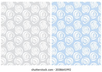 Abstract Geometric Seamless Vector Patterns. White Round Shape Scribbles Isolated on a Light Gray and Pastel Blue Background.Irregular Hand Drawn Print with Abstract Roses tideal for Fabric, Textile. 