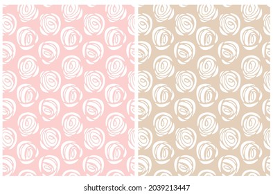 Abstract Geometric Seamless Vector Patterns. White Round Shape Scribbles Isolated on a Beige and Pastel Pink Background. Irregular Hand Drawn Print with Abstract Roses tideal for Fabric, Textile. 