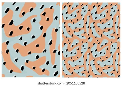 Abstract Geometric Seamless Vector Patterns. Irregular Light Brown and Black Brush Spots on a Pale Mint Blue Backgrounds. Abstract Wild Animal Skin Print. Simple Irregular Geometric Design.