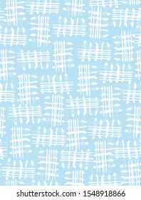 Abstract Geometric Seamless Vector Print. Cute Blue and White Grid Repeatable Prints ideal for Fabric, Textile, Wrapping Paper, Baby Boy Party Decoration.Simple Rough White Print on a Blue Background.